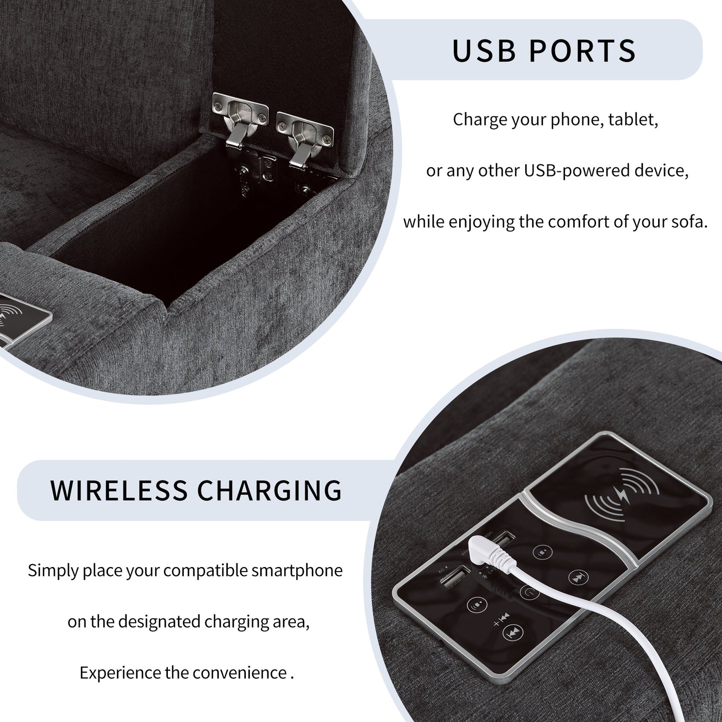 Upholstered Modular Sofa with with Storage Space, USB Charge