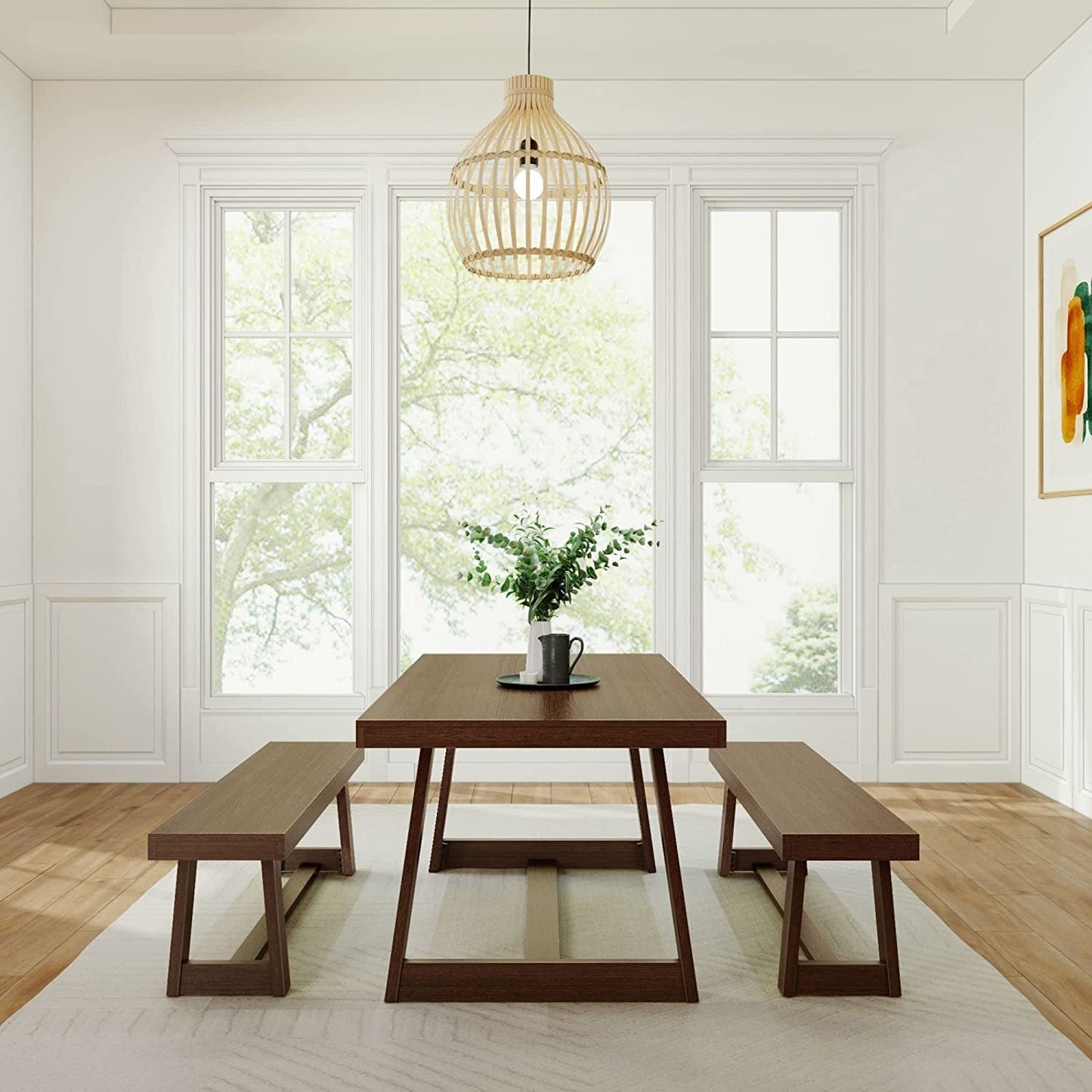 Farmhouse Solid Wood Dining Table Set with 2 Benches, Walnut