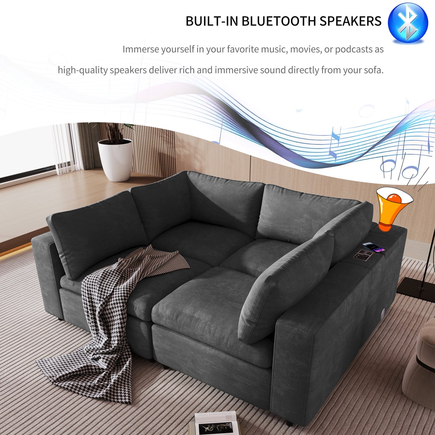 Upholstered Modular Sofa with with Storage Space, USB Charge