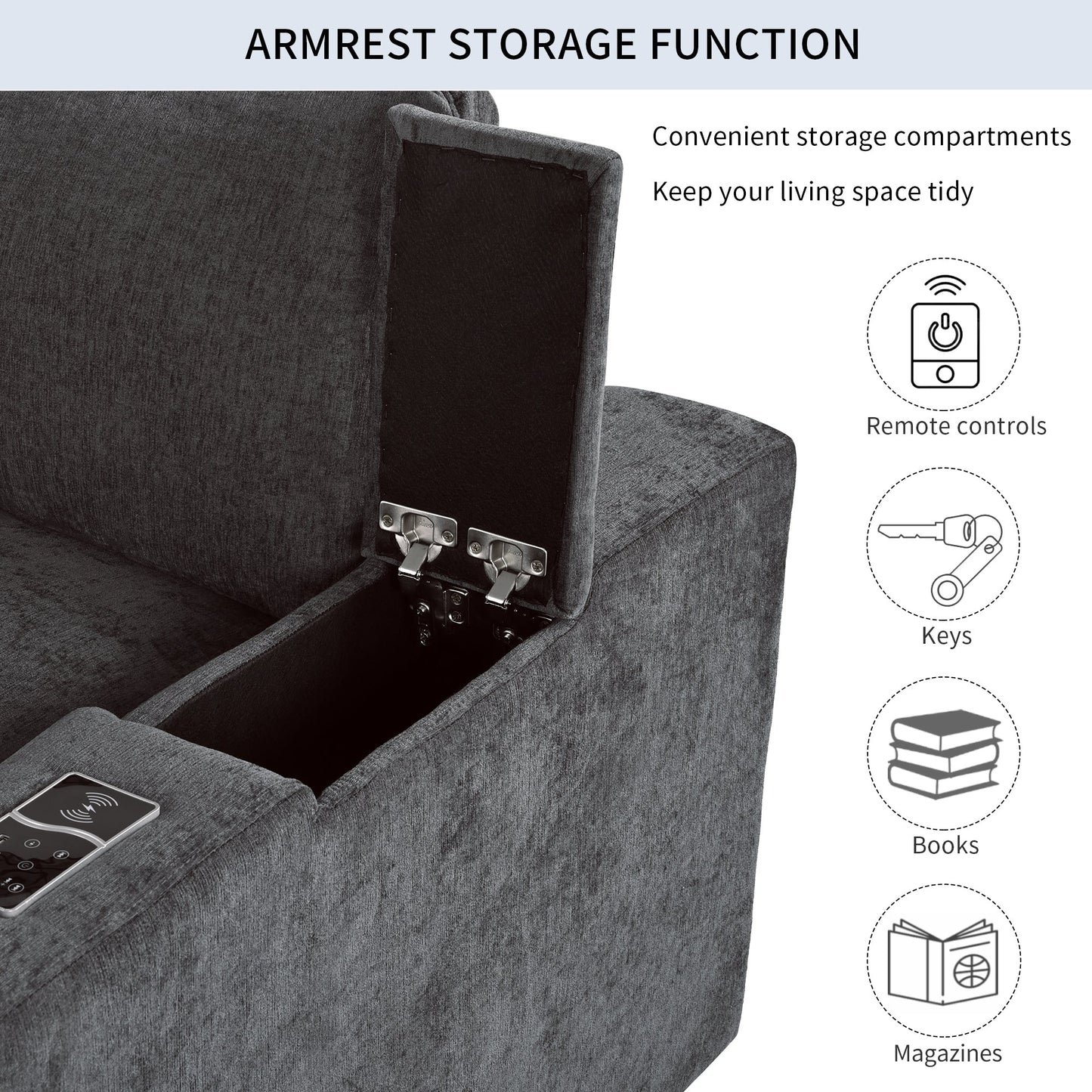 Upholstered Modular Sofa with with Storage Space, USB Charge