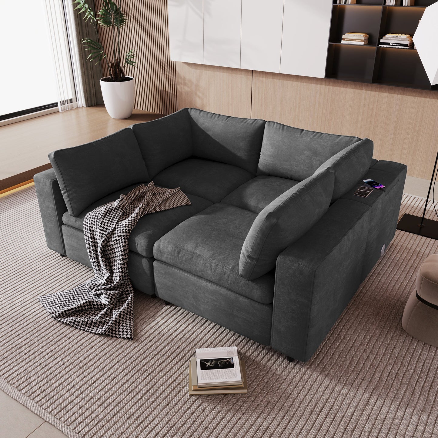 Upholstered Modular Sofa with with Storage Space, USB Charge