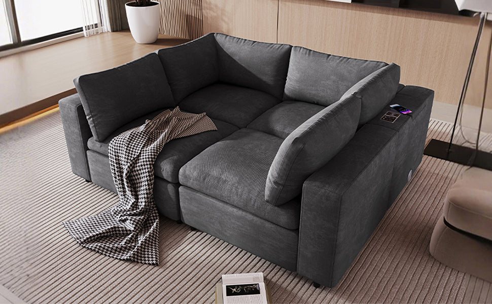 Upholstered Modular Sofa with with Storage Space, USB Charge
