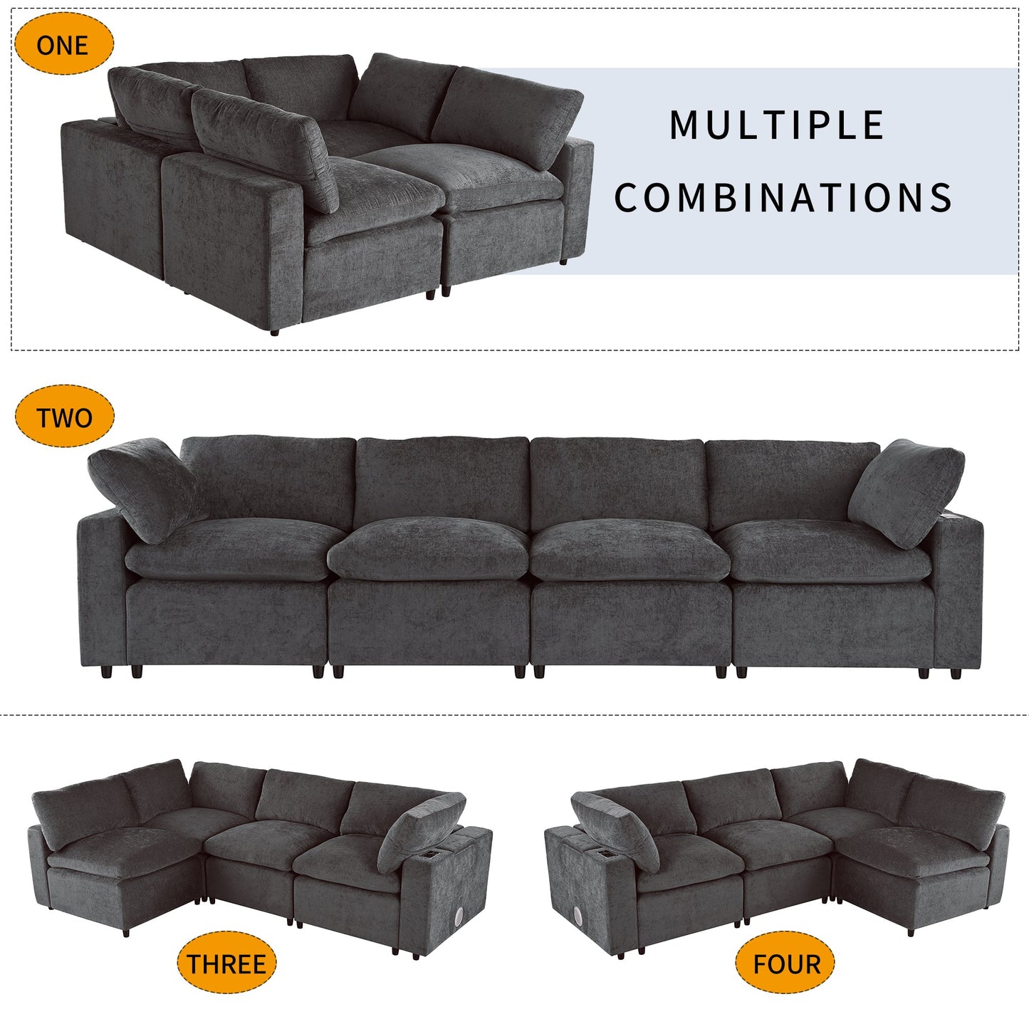 Upholstered Modular Sofa with with Storage Space, USB Charge