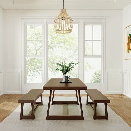 Farmhouse Solid Wood Dining Table Set with 2 Benches, Walnut