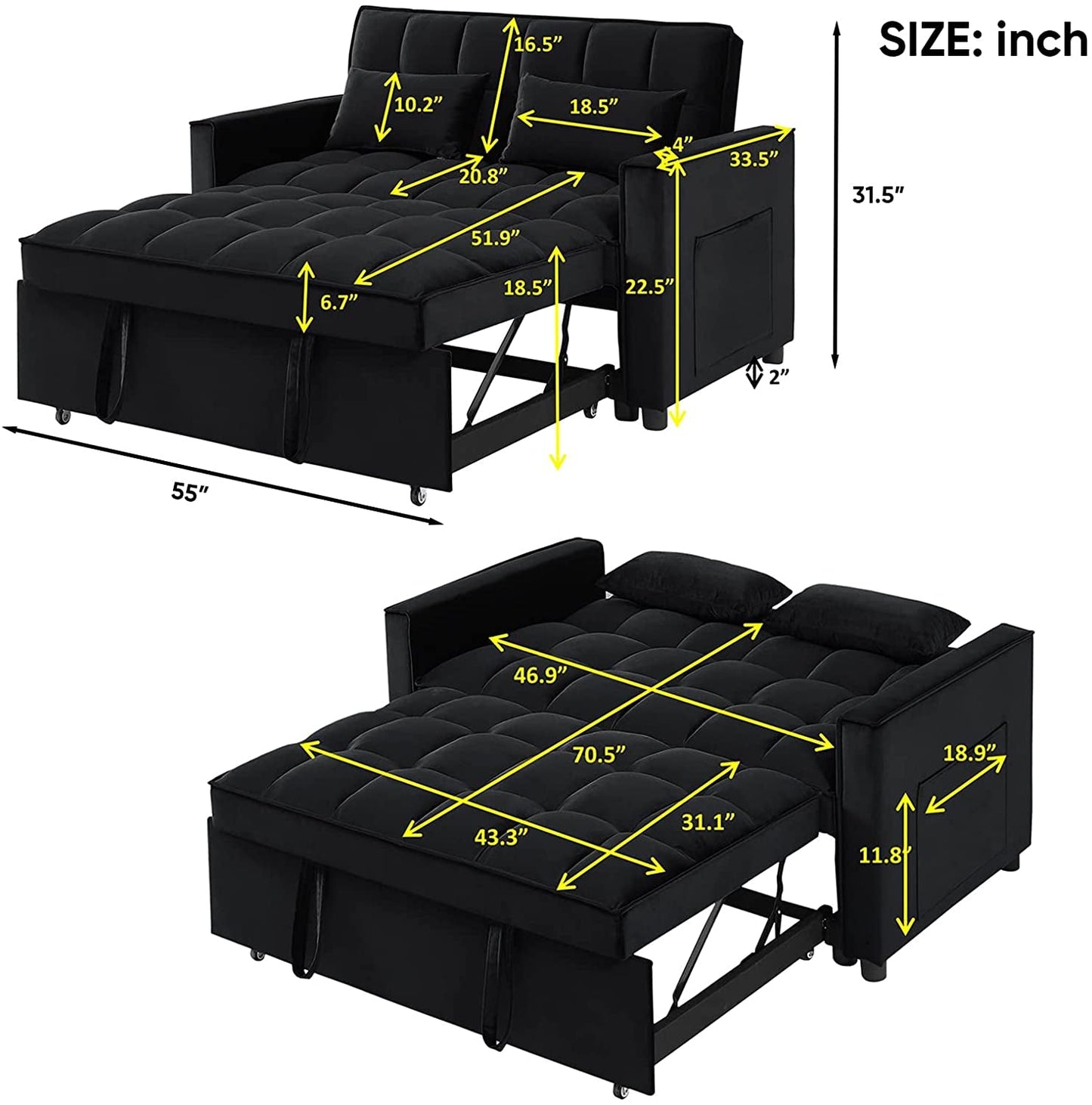 Modern Black Convertible Sofa Bed with Reclining Backrest