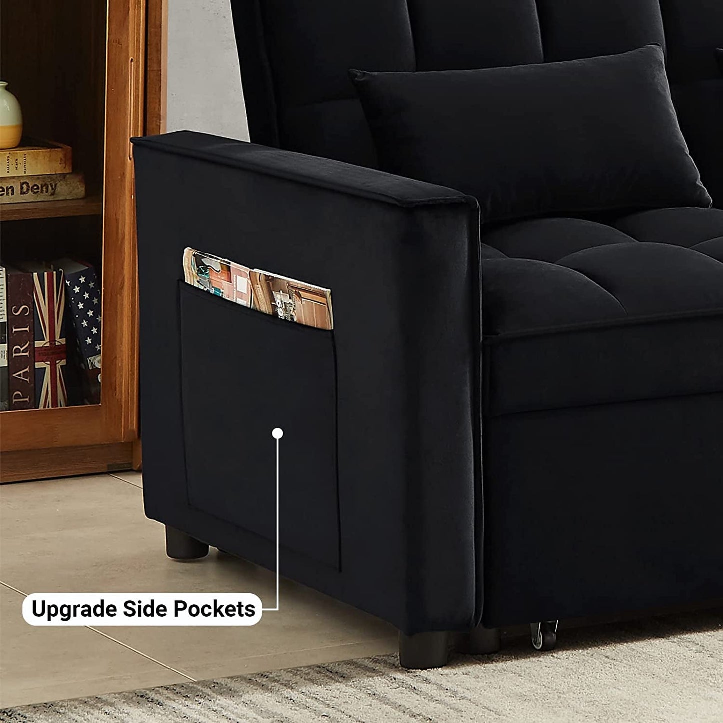 Modern Black Convertible Sofa Bed with Reclining Backrest