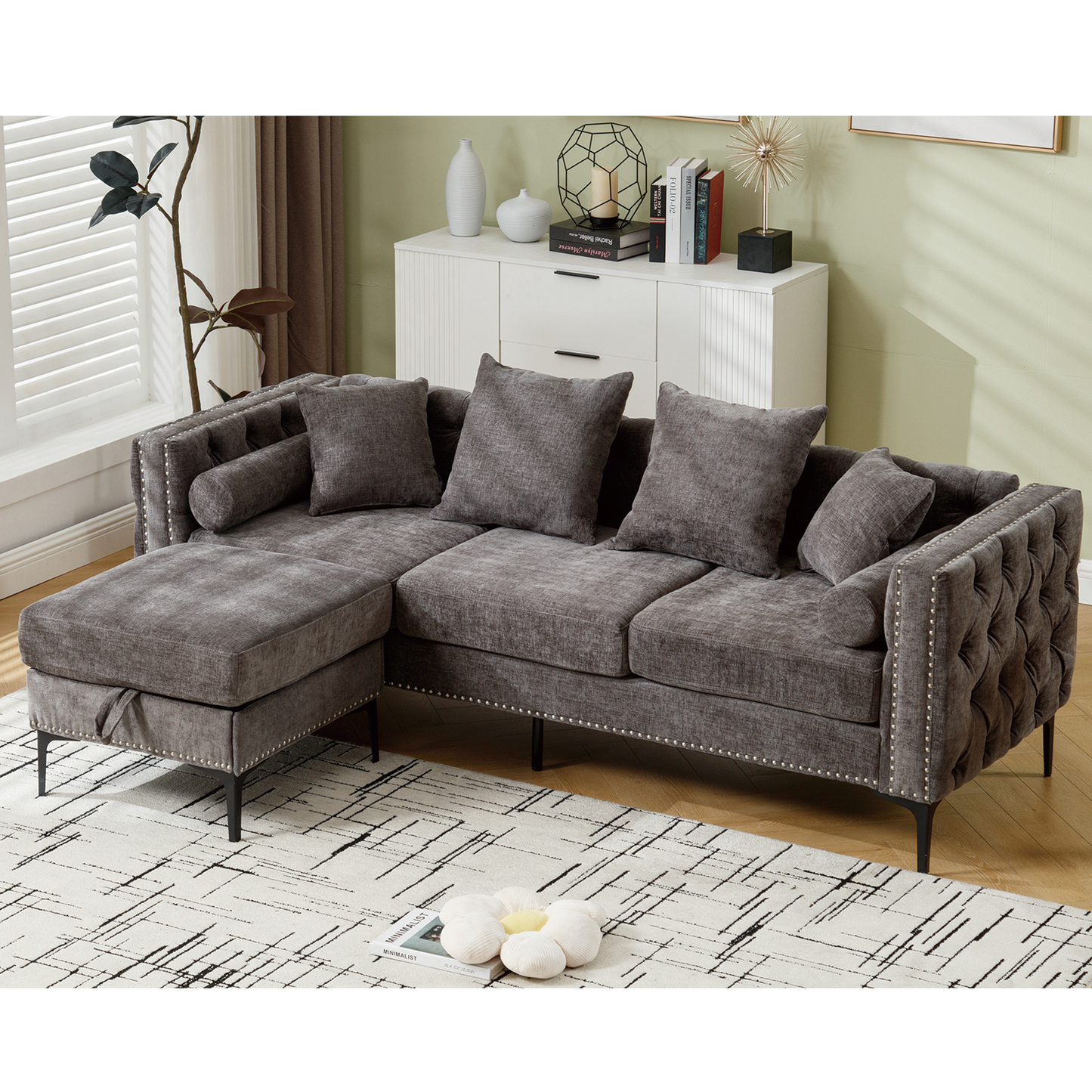 L Shaped Sectional Convertible Sofa with Storage Ottoman and Modern Tufted style-2