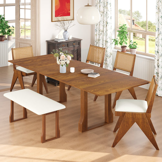 Modern 6-Piece 82.7inch Extendable Dining Table Set with 4 Wicker Back